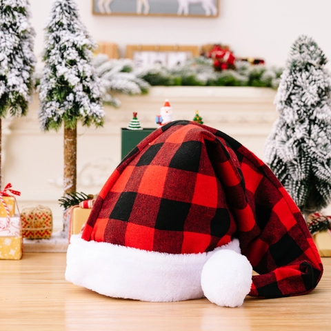 Red Black Buffalo Plaid Christmas Santa Hat With White Plush Faux Fur Trim Extra Long Holiday Party Costume Accessory