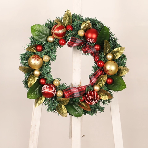Ghirlanda Di Natale PVC Pino Artificiale Rosso Oro Palle Ornamenti Fiocco A Quadri Foglia Di Magnolia Decorazione Porta