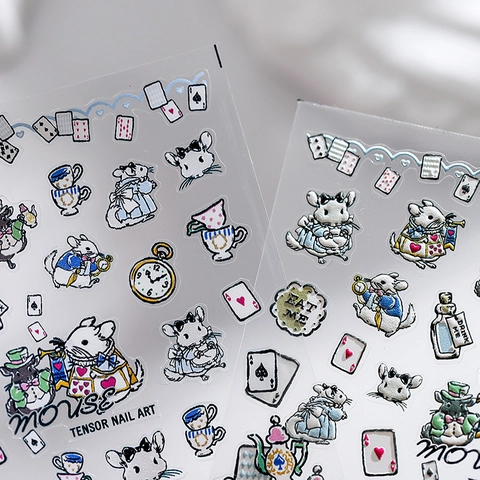 Stickers À Ongles Relief 3D Thème Wonderland Dessin Animé Lapin Souris Cartes De Poker Décor Manucure Pour Femmes Filles