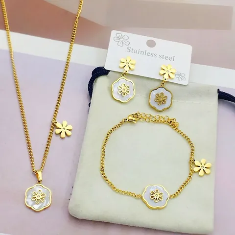 Mother Of Artificial Pearl Flower Jewelry Gold Plated Stainless Steel Daisy Necklace Bracelet Earrings For Women Minimalist