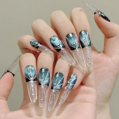 Press On Nails Lange Stiletto Cat Eye Blaugrün Künstliche Nägel Handgefertigt Mit Strass Glitzer Funkelnd Elegant