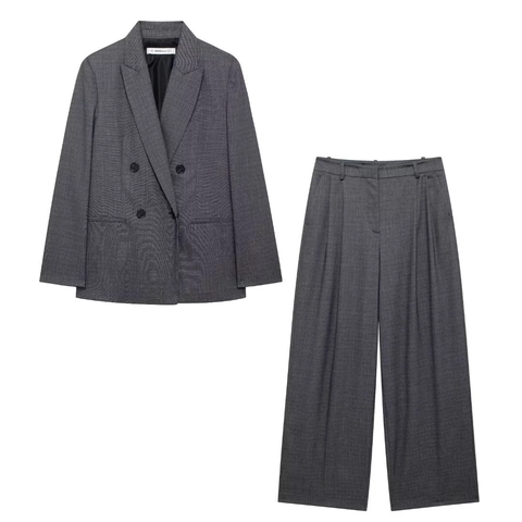 Double Breasted Blazer En Broek Met Wijde Pijpen Zakelijke Commuter Grijs Getextureerde Elegante Formele Werkkleding Pakken Voor Dames