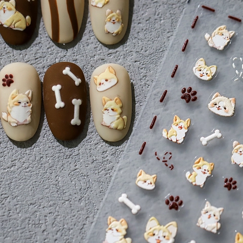 5D Embossed Nail Art Stickers Cartoon Corgi Dog 3D Relief Self Adhesive Manicure Decals For DIY Nail Decoration
