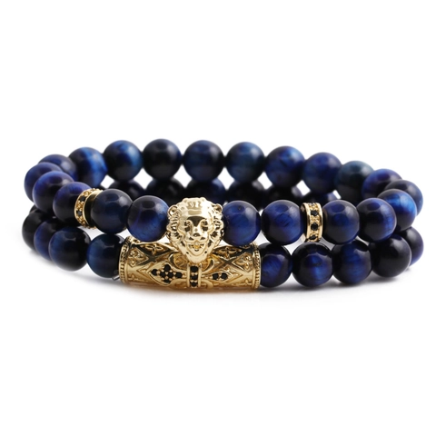 Men Beaded Bracelets Blue Tiger Eye Stone Gold Lion Head Hollow Cross Retro Charm Jewelry Elastic Adjustable