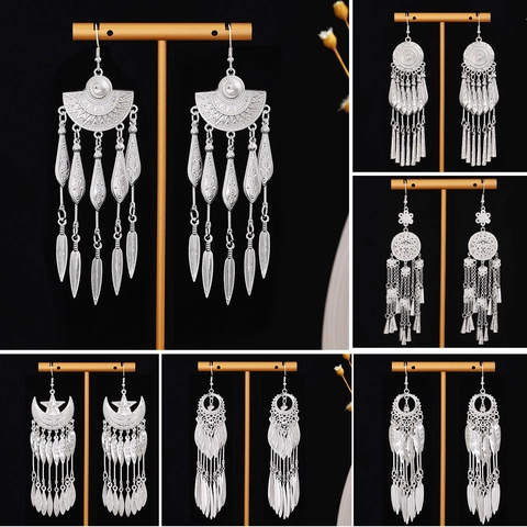 Bohemian Alloy Tassel Earrings Long Vintage Ethnic Style Tribal Hollow Geometric Drop Dangle For Women