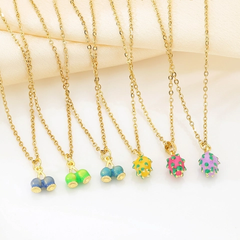 Collier Pendentif Fruits Acier Inoxydable Plaque Or Email Pitaya Cerise Colore Style Pastoral Femmes