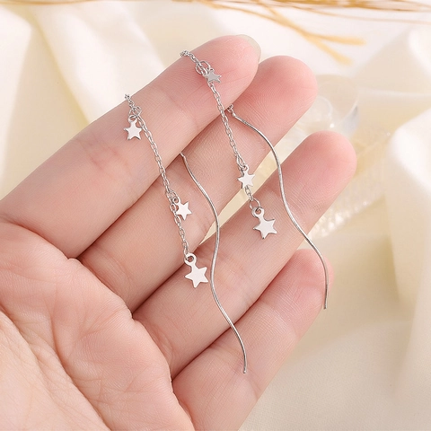 Star Long Tassel Threader Earrings Silver Plated Copper Minimalist Korean Style Jewelry For Women Elegant