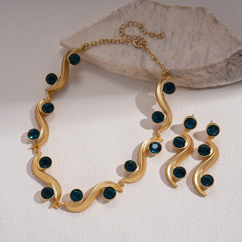 Collana E Orecchini In Lega Con Strass Blu Perno In Argento Stile Palazzo Vintage Per Gioielli Da Donna
