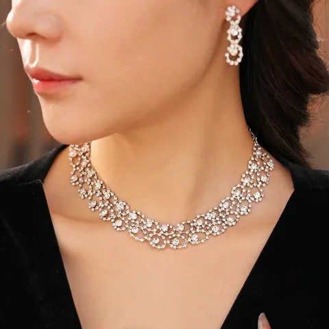 Collier Et Boucles D'oreilles Luxueux En Strass Rond Creux Style Palais Vintage Élégant Bijoux En Fer Argenté Pour Femmes