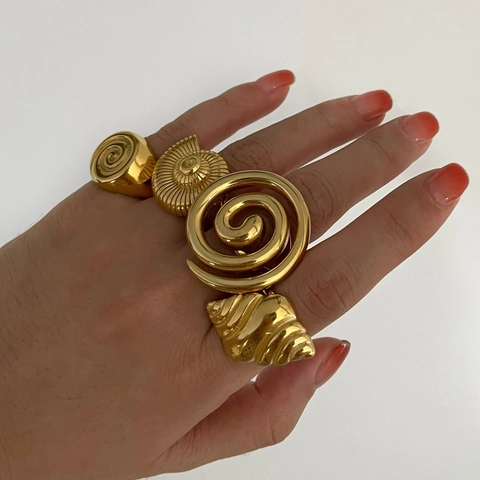Vintage Stainless Steel Ring 18K Gold Plated Conch Shell Spiral Shape Geometric Statement Jewelry For Women