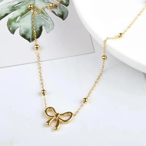 Halskette Mit Schleifenanhänger Edelstahl Perlenkette Schlüsselbein Halsketten Eleganter Schmuck Für Damen Vergoldet