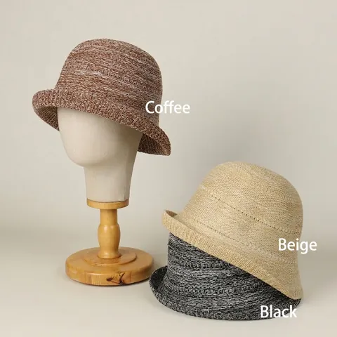 Chapeau Cloche Tricoté Femmes Couleurs Mixtes Coton Polyester Respirant Protection Solaire Bord Roulé Pliable Réglable