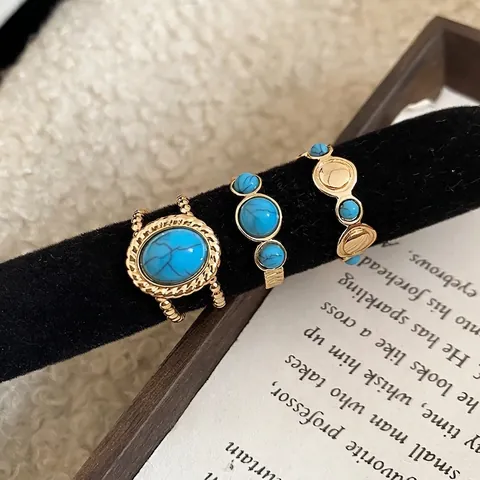 Anillo Abierto Turquesa Latón Bañado En Oro Gema Redonda Bohemio Retro Étnico Ajustable Joyería De Dedo Para Mujer