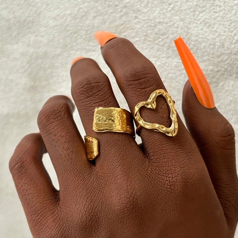 Hammered Hollow Heart And Wide Band Adjustable Rings 18K Gold Plated Stainless Steel Wrinkled Jewelry For Women
