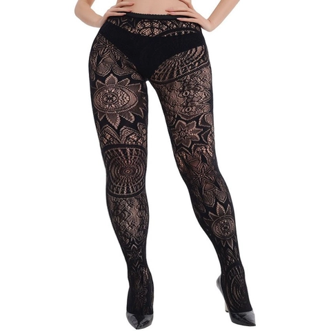 Women Floral Lace Pantyhose Hollow Out Mesh Tights Mandala Pattern High Elastic Sexy Nylon Hosiery For Clubwear Nightlife