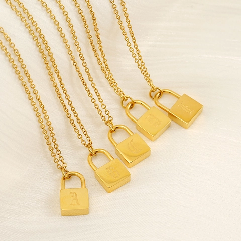 Padlock Pendant Necklace 18K Gold Plated Stainless Steel Engraved Initial Letter Square Fashion Unique Chic Women Jewelry