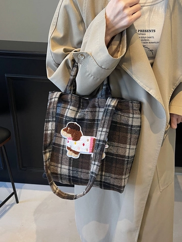 Bolso Tote De Lana A Cuadros De Gran Capacidad Con Bordado De Perro Animado Para Otoño Invierno Diario Estilo Retro