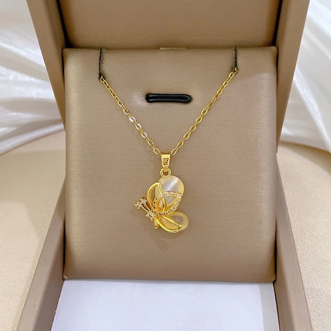 Collana Con Pendente A Farfalla Per Donna Lusso Rame Micro Pave Strass Pietra Occhio Di Gatto Catena In Acciaio Inossidabile