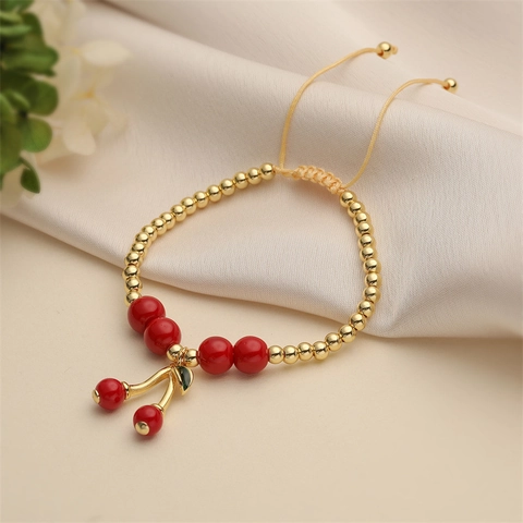 Fruit Charm Bracelet Copper Beads Enamel Cherry Strawberry Adjustable Woven Cord Sweet Fashion Jewelry For Women