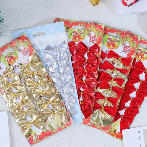 Mini Christmas Bows Flocked Glitter Metallic Fabric For Tree Ornaments Wreath Garland Festive Decoration Multi Color