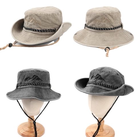 Bob Chapeau Coton Lavé Denim Broderie Ethnique Protection Solaire Plein Air Large Bord Coupe-vent Corde Réglable Vintage
