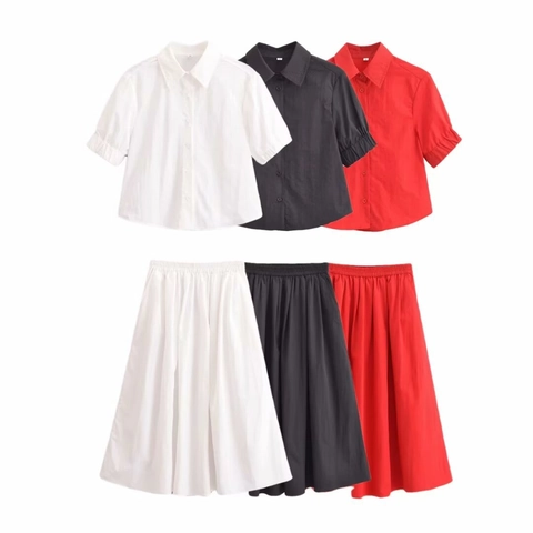 Ensemble Deux Pièces pour Femmes Chemise à Revers Manches Courtes Boutonnée et Jupe Longue Plissée Taille Haute Ligne A Vendu Séparément Tenue Décontractée Couleur Unie
