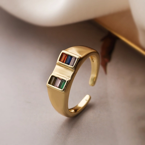 Verstellbarer Offener Ring Kupfer 18K Vergoldet Bunte Zirkonia Geometrischer Minimalistischer Vintage Modeschmuck Für Damen