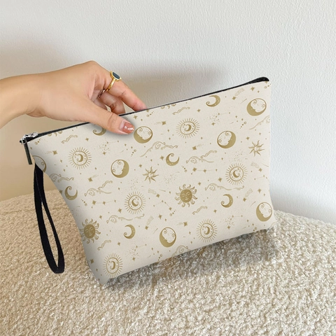 Fine Linen Sun Moon Stars Print Cosmetic Bag Toiletry Pouch With Wristlet Strap Celestial Vintage Makeup Organizer
