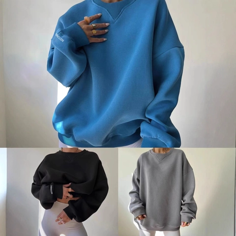 Women Crew Neck Oversized Sweatshirt Drop Shoulder Knit Long Sleeve Letter Print Casual Pullover Streetwear