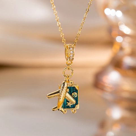 Flugzeug Koffer Anhänger Halskette Titanstahl Kupfer Emaille Reise Schmuck Für Frauen Luxus Elegant Trendy