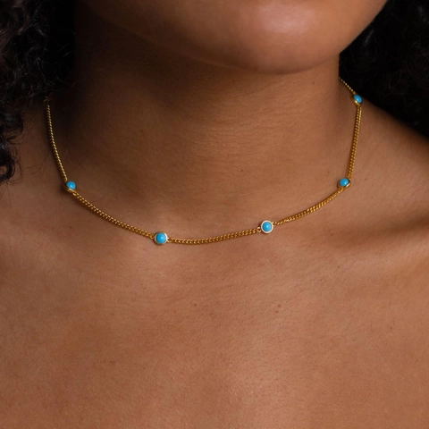 Natural Turquoise Choker Necklace 18K Gold Plated Stainless Steel Round Bead Minimalist Boho Jewelry For Women