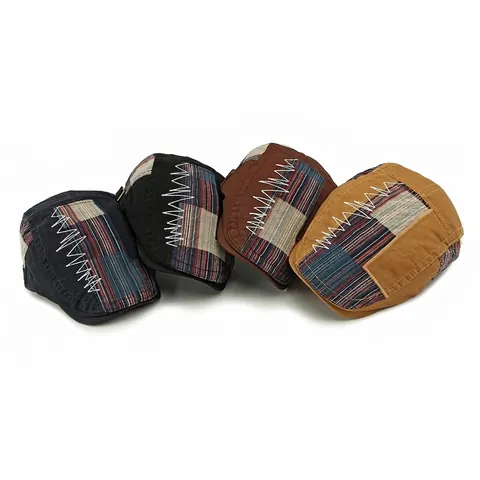 Vintage Patchwork Flat Cap Cotton Canvas Retro Ivy Hat Adjustable British Style For Men Women