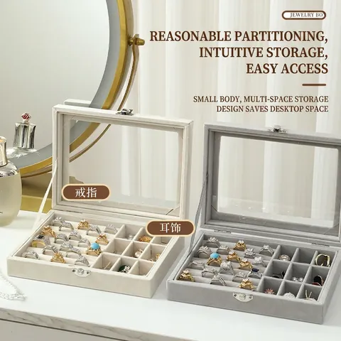 Schmuckkästchen Organizer Samt Box Mit Durchsichtigem Glasfenster Mehrfache Fächer Für Ringe Ohrringe Halsketten