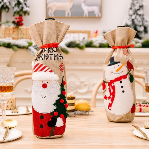 Christmas Wine Bottle Cover Burlap Santa Snowman Embroidered Drawstring Dining Table Decoration Festive Party Gift Bag