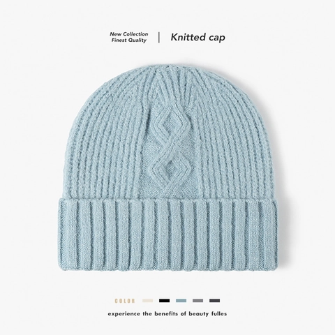 Women Winter Beanie Hat Imitation Rabbit Hair Thick Warm Cable Knit Ribbed Cuff Outdoor Cold Weather Fashion Accessory