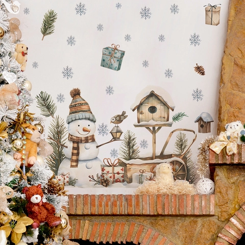 Kerst Muurstickers Sneeuwpop Vogelhuisje Sneeuwvlokken Aquarel PVC Verwijderbare Vensterstickers Home Holiday Decoratie
