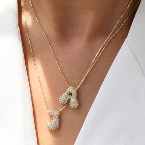 Bubble Letter Pendant Necklace Sparkling Cubic Zirconia Copper Box Chain Initial Alphabet Jewelry For Women Men