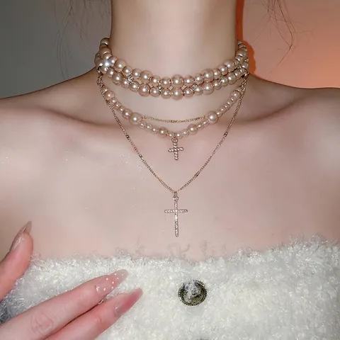 Multi-layer Glass Artificial Pearl Necklace Alloy Rhinestone Cross Pendant Elegant Retro Luxury Champagne Jewelry For Women