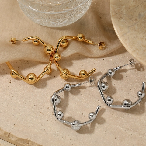 Edelstahl Geometrische C-Form Ohrringe Für Frauen Minimalistische Unregelmäßige Welle Hoops Mit Polierten Metallkugeln