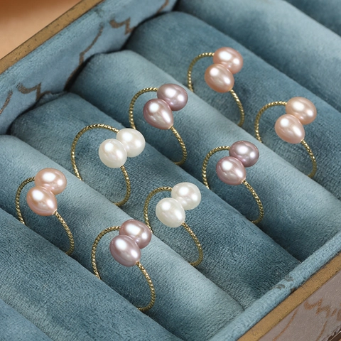Natural Freshwater Pearl Open Ring For Women Elegant Copper Alloy Gold Plated Double Water Drop Pearl Adjustable Ring Jewelry