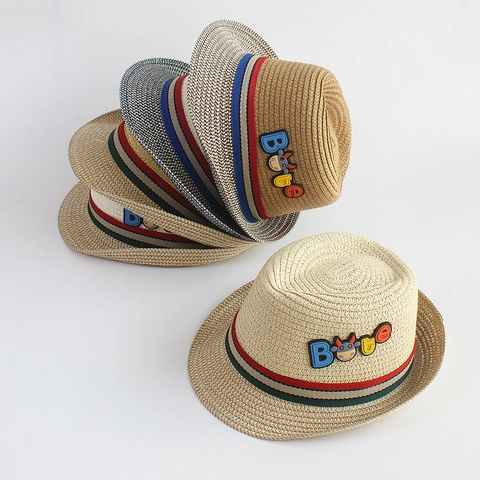 Cappello Di Paglia Fedora Per Bambini Protezione Solare Estiva Traspirante Berretto Da Spiaggia Con Patch Cartone Animato Nastro A Righe