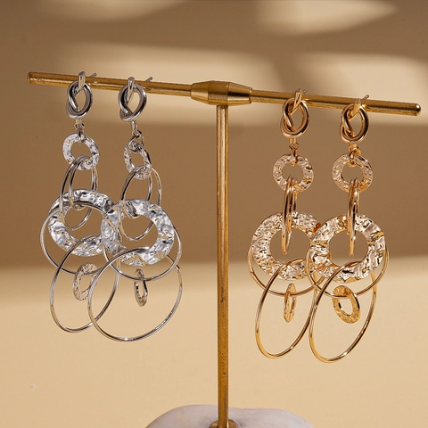 Orecchini Pendenti Geometrici A Più Cerchi Perno In Argento Sterling 925 Texture Martellata Rame Gioielli Per Donna