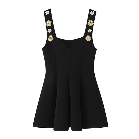 Women Sleeveless Tank Top Black Flared Hem Metal Rose Artificial Pearl Flowers Square Neck Slim Fit Elegant Sexy Socialite Style