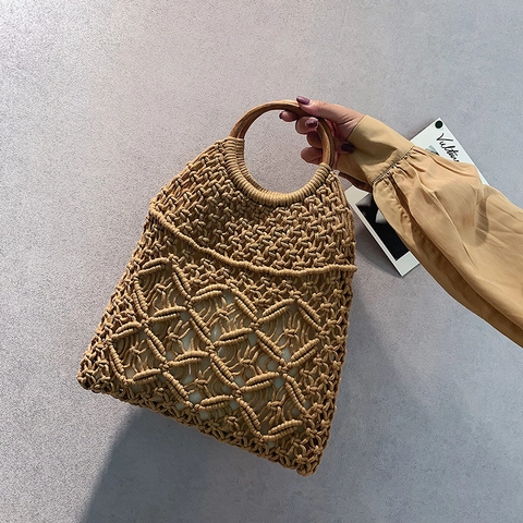Women Woven Handbag Cotton Rope Macrame Hollow Out With Round Wood Handle And Canvas Pouch Summer Beach Holiday Bohemian