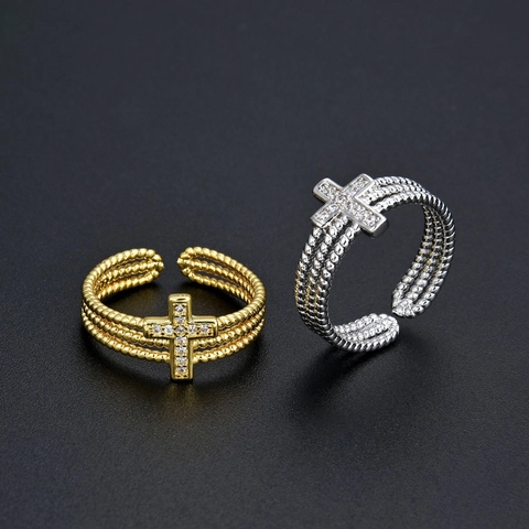 Multi Layer Cross Adjustable Ring Copper Micro Pave Zircon Open Finger Jewelry For Women