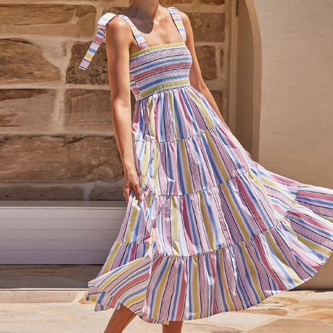 Vestito Maxi A Righe Colorate Arricciato Poliere Spalline Da Annodare Balze Vacanze Estive Senza Maniche Donna