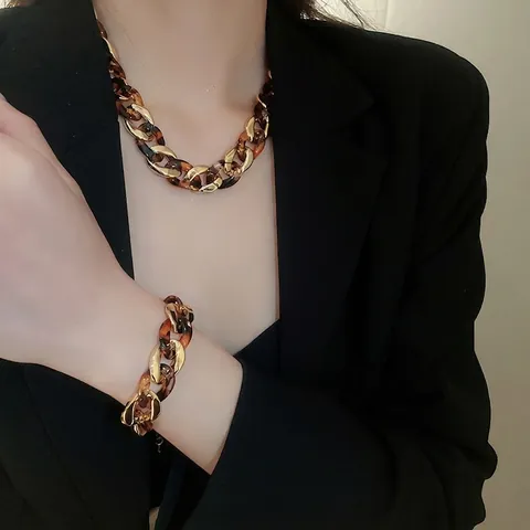 Retro Leopardenmuster Klobige Kette Halskette Armband Ohrringe Legierung Acryl Schildpatt Braun Gold Mode Accessoires
