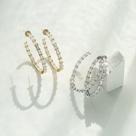 Orecchini A Cerchio Con Zircone Baguette Rame Forma C Rotondo Geometrico Gioielli Di Moda Lusso Per Donne