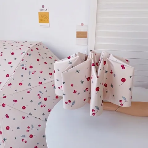 Ombrello Pieghevole Protezione UV Sole E Pioggia Tessuto Nylon Telaio Alluminio Leggero Manico Gancio Francese Vintage Stampa Floreale Donna