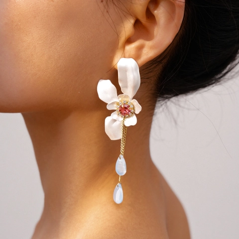 Orecchini Pendenti Con Nappine Fiore Vetro Strass Con Perno In Argento Goccia D'acqua Gioielli Eleganti Da Donna